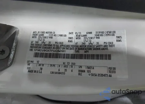 2015 Ford Escape Se z USA, uszkodzony, nr VIN 1FMCU9GX7FUC54181